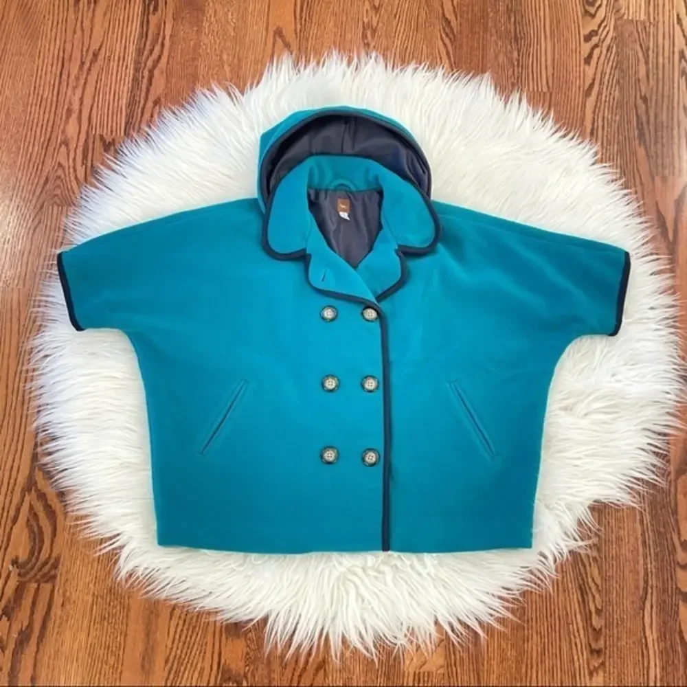 Tea collection teal wool blend hooded cape coat jacket size girls Large‎